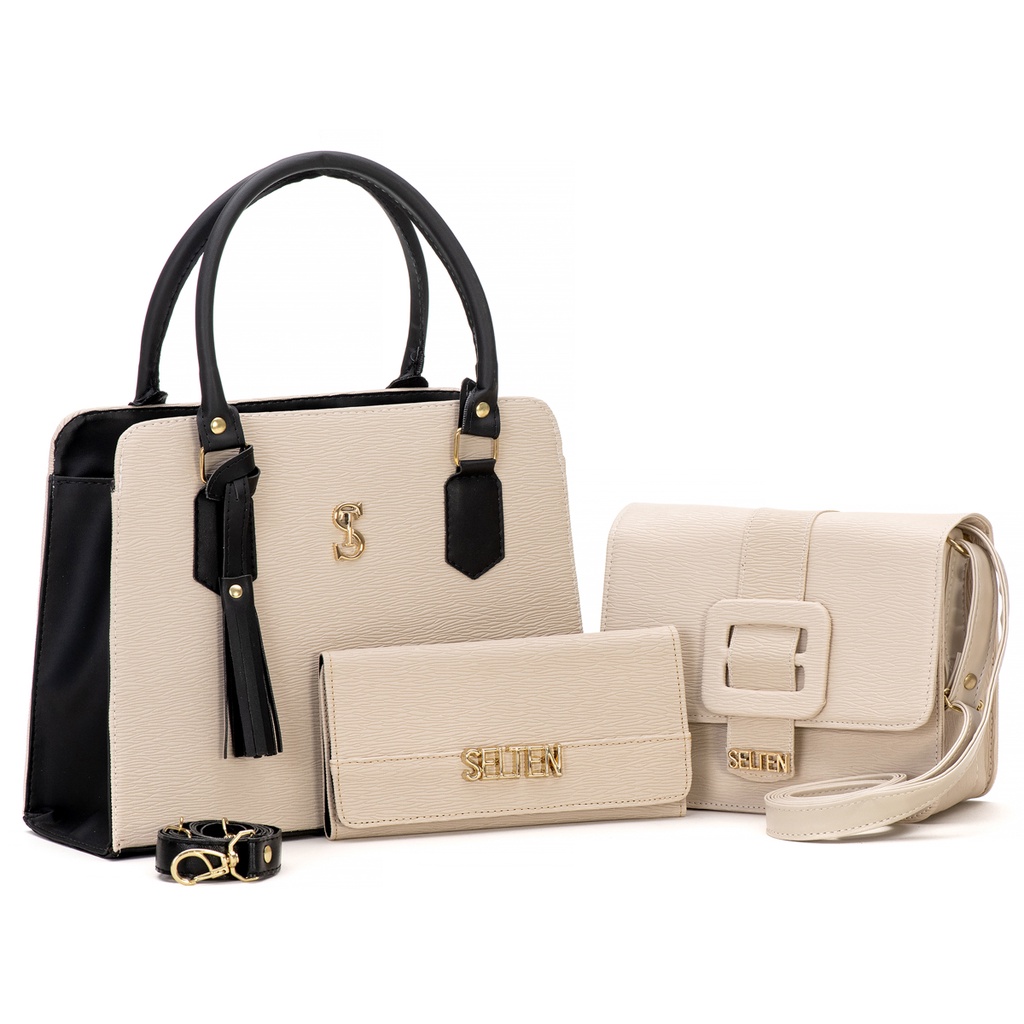 Bolsa Transversal Feminina Media + Bolsinha Pequena Tiracolo de Festa + Carteira Feminina