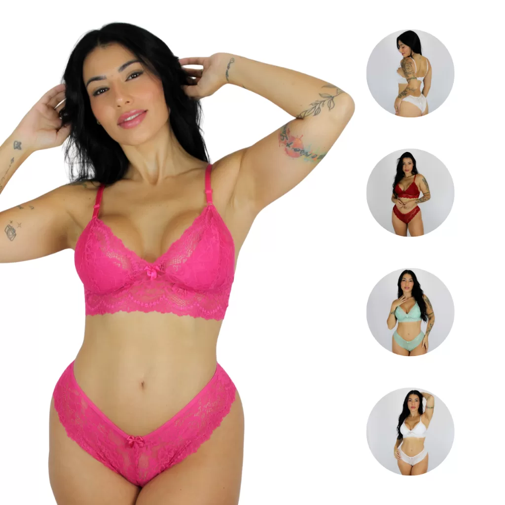 Conjunto de Calcinha e Sutiã Lingerie Sexy Confortável Renda Liz Feminino Rendado Sensual