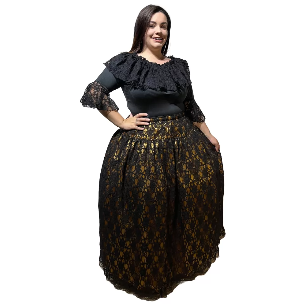 Roupa Pombagira Renda Dama da Noite Preta Dourada