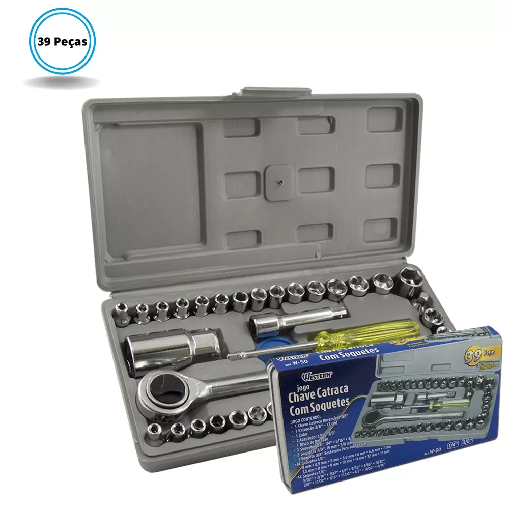 Jogo Kit de Soquetes Sextavados Cachimbo com Chave Catraca 39 Peças