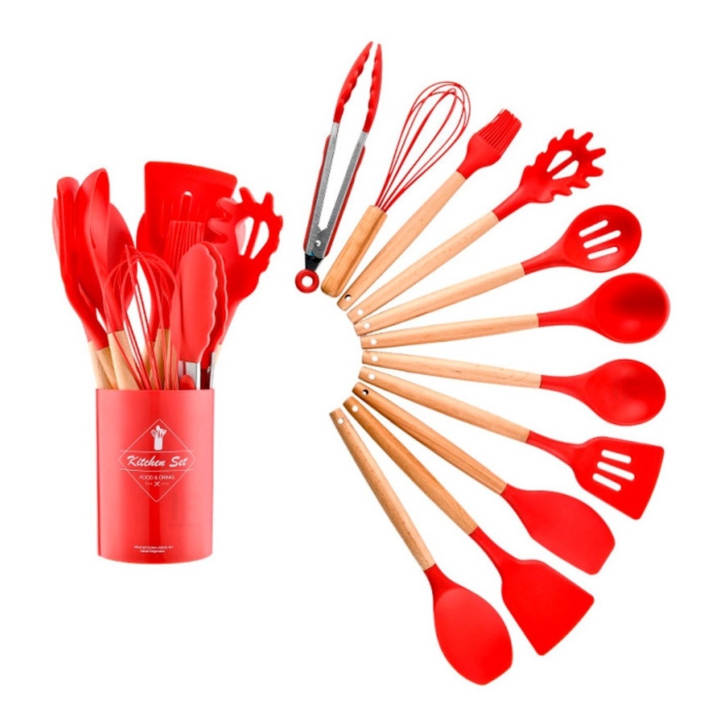 Jogo Kit Colheres De Silicone Cabo De Madeira 12 Peças Utensilios Cozinha