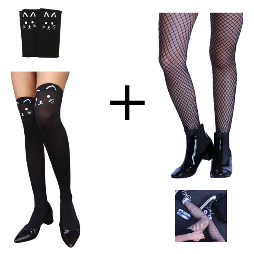 Meia Cosplay 7/8 Modelo Gato Gatinha com Rabo + Meia Calça Arrastão: Estilo Colegial Geek Pin-up