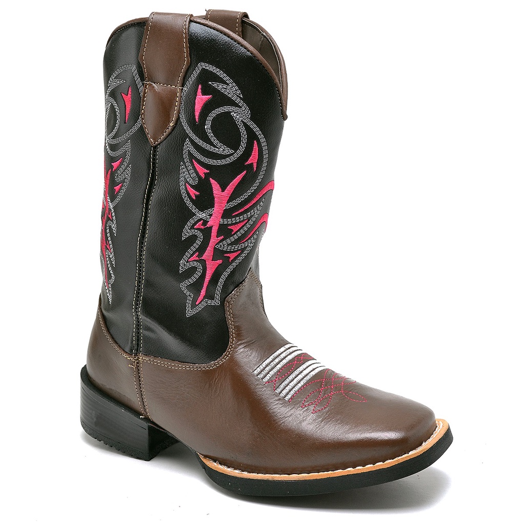 Botas Country Feminina Café Com Bordado Tribal Rosa