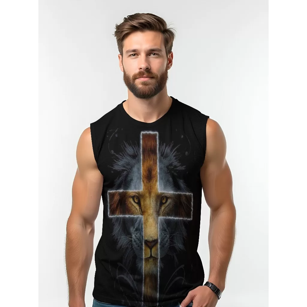 Camiseta Dry Fit Masculina UV 50+ Leão Cruz Estampada Academia Corrida Treino Casual