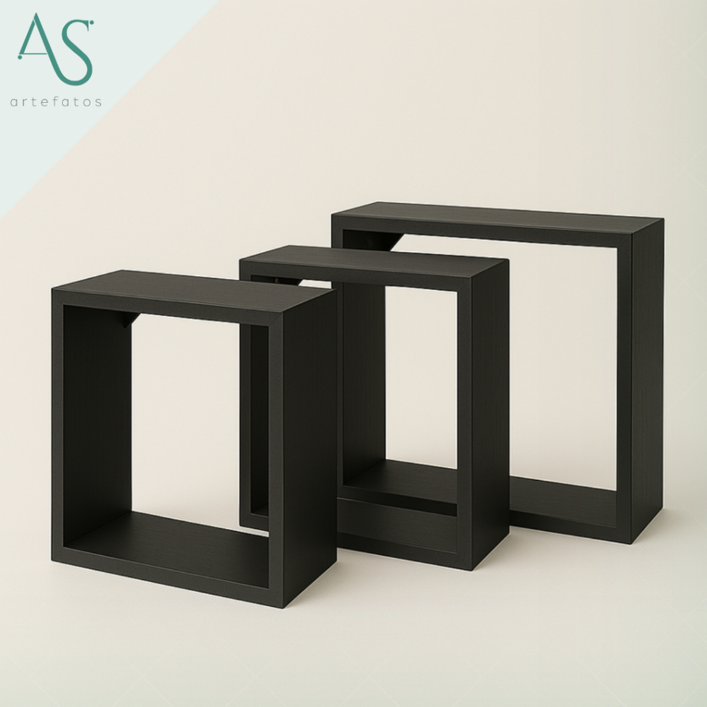 Nicho Quadrado Mdf Marrom Ninchos Preto Kit 3