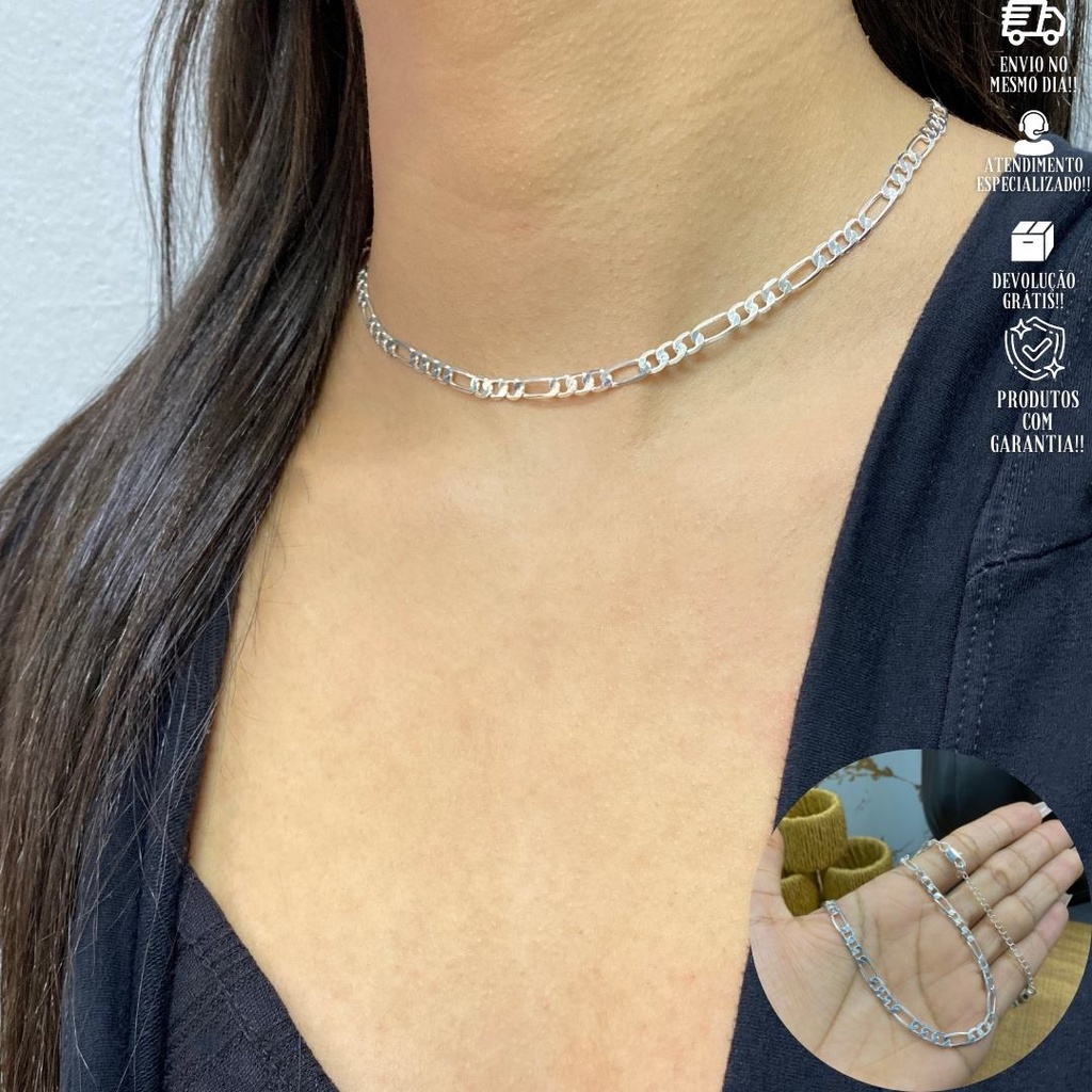 Choker de Prata 925 Colar Elegante 45cm Ajustável Banhada a Prata