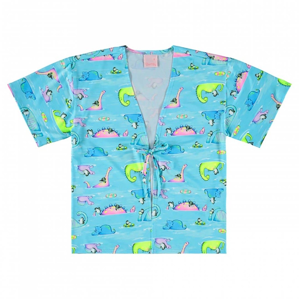 Saída de Praia Kimono Infantil Feminina Proteção UV Azul Dinossauro Quimby Presente de Natal