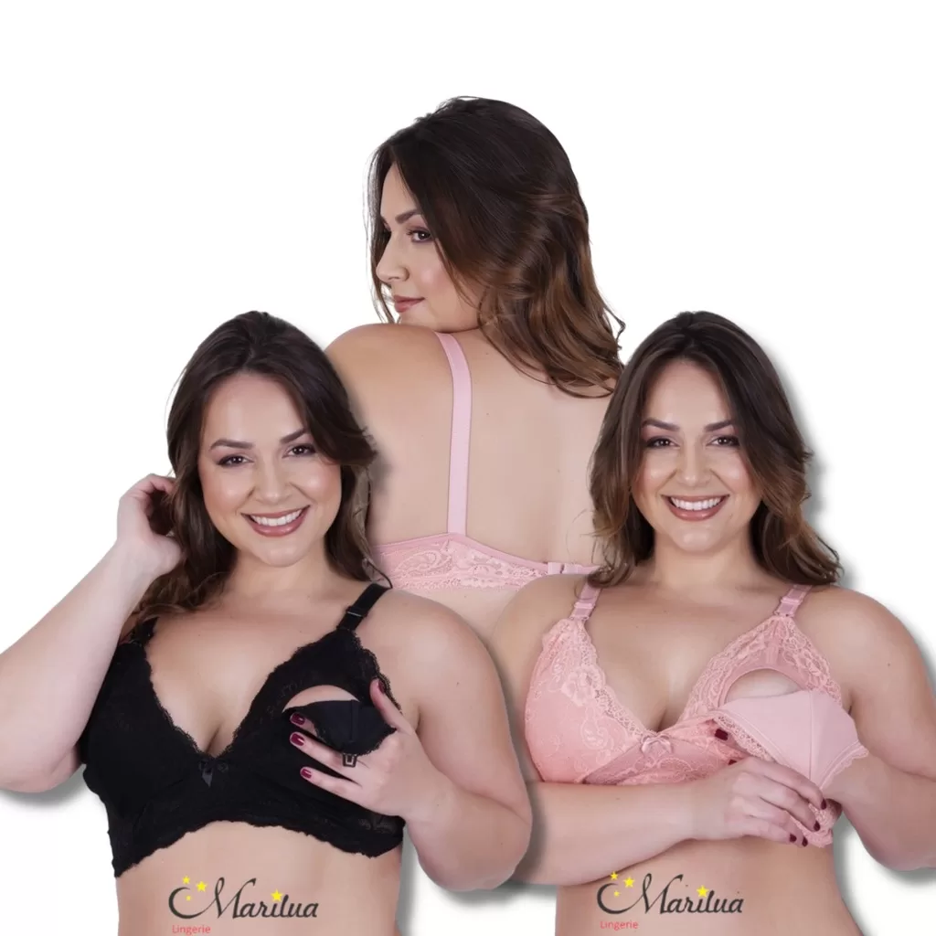 Kit 3 Sutiãs de Amamentação Plus Size Renda Reforçada Sem Bojo