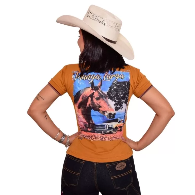 Camiseta Feminina Mula Rosa Polo Baby Look Country