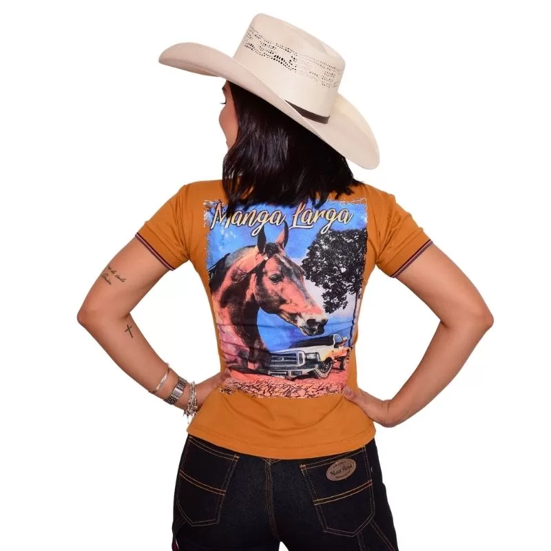 Camiseta Feminina Mula Rosa Polo Baby Look Country Mostarda