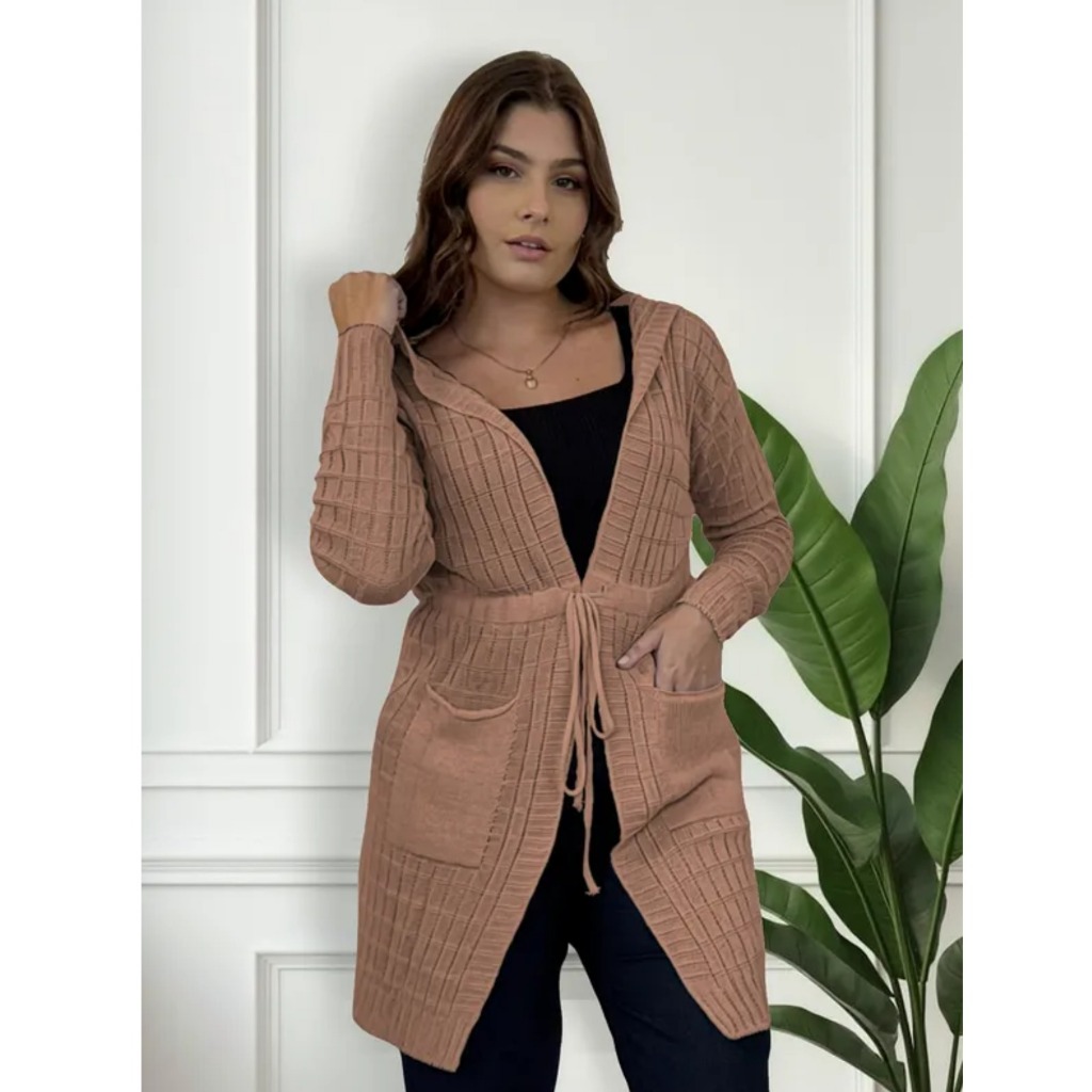 Cardigan Tricot Feminino Capuz E Bolso Inverno Casaco Trico Tendencia Blusa Moda