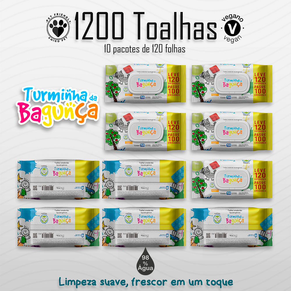 Kit 10 Toalhas Umedecidas Turminha da Bagunça 120 Folhas com Tampa