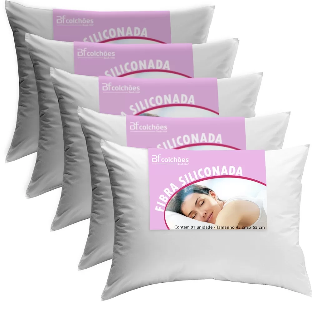 Kit 5 Travesseiro Fibra Siliconada Antialérgico Macio 45×65 – BF Colchões