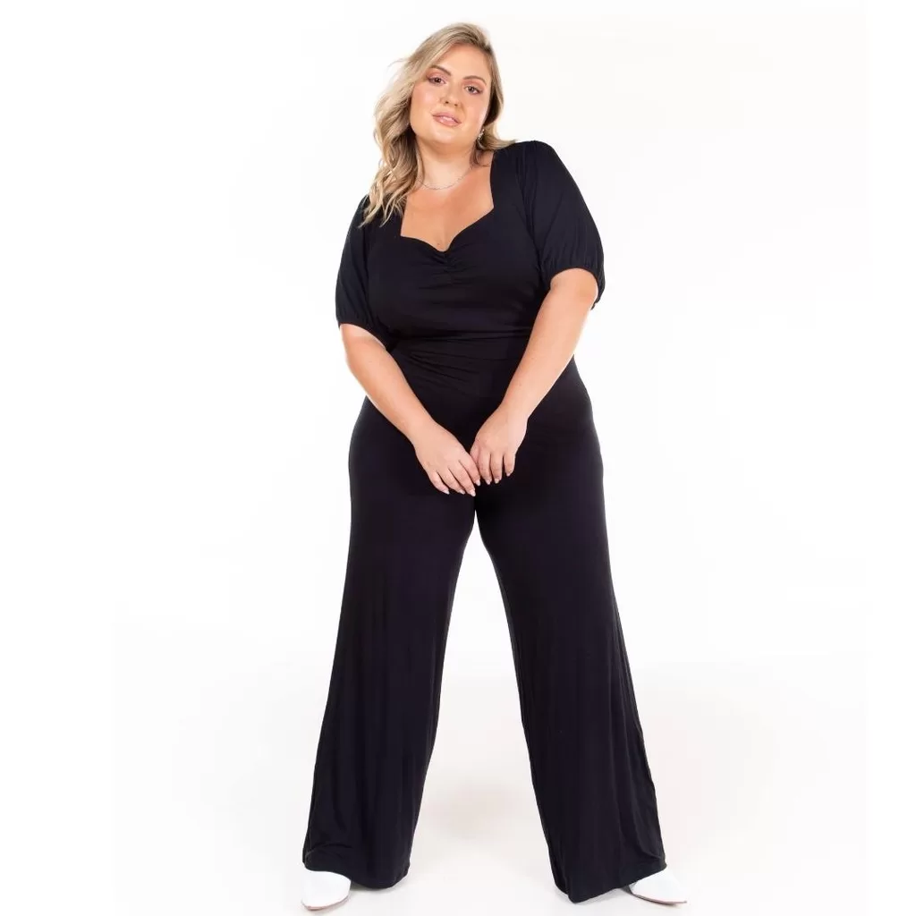 Macação Feminino Plus Size Decote Quadrado Pantalona Moda MUlher  Moderna E Elegante