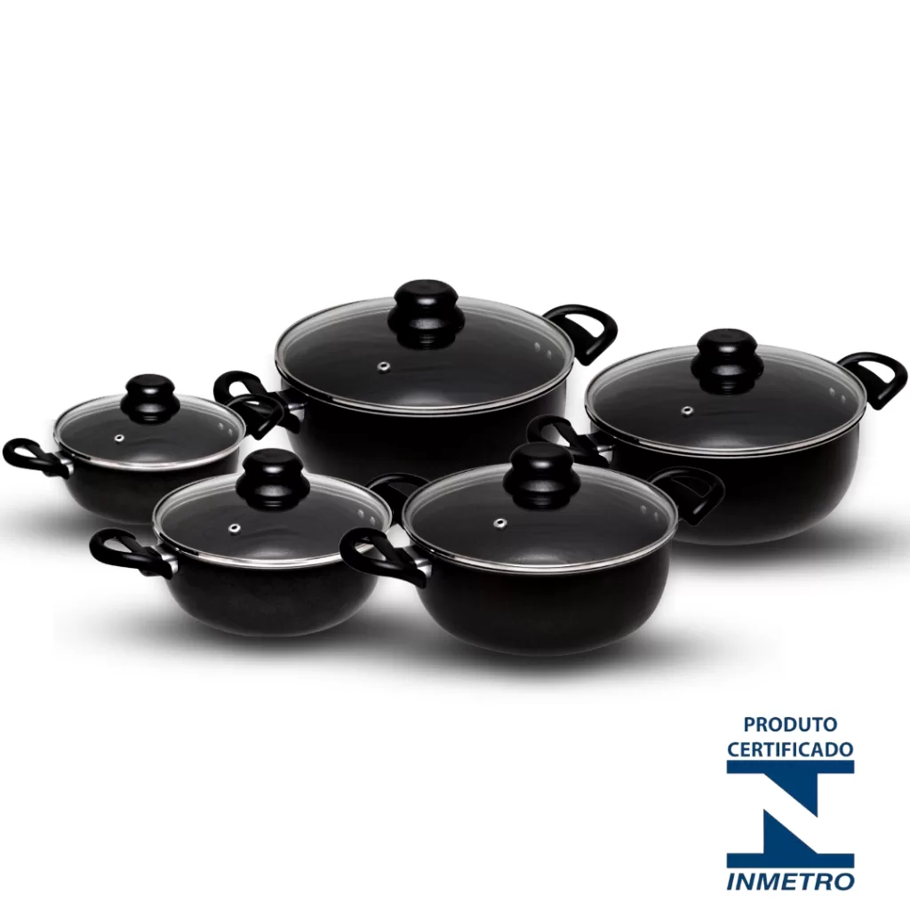 Conjunto De Panelas Antiaderente Caçarola Teflon Com Tampa de Vidro 5 Peças Preto e Vermelho