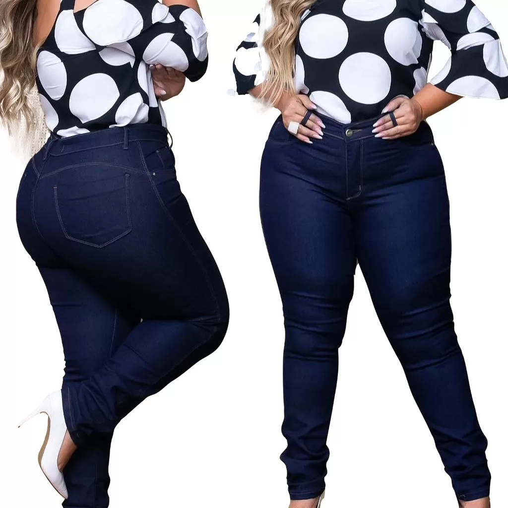 Calça Jeans Feminina Plus Size Azul Carbono Cintura Alta Com Bastante Elastano