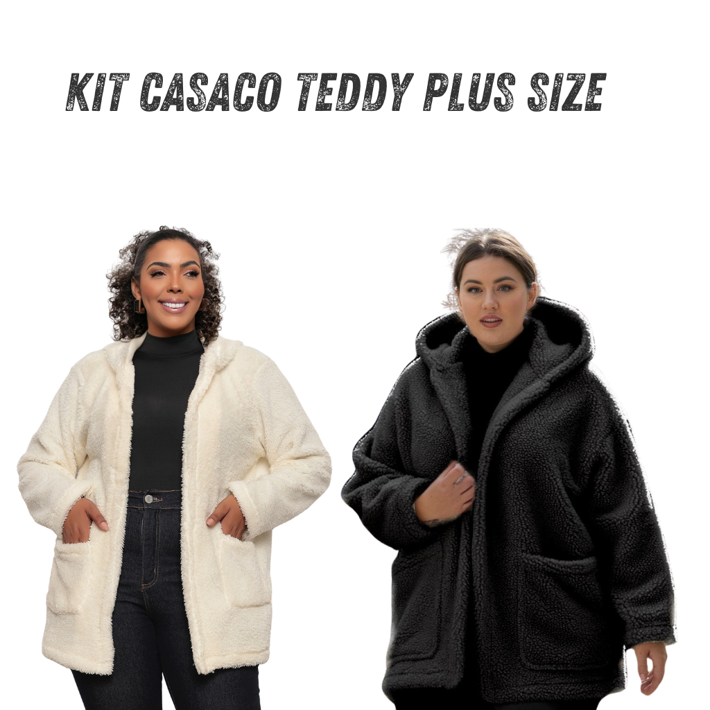 2 Casaco Teddy Feminino Longo Branco Preto Inverno Bear Pelúcia Jaqueta Ted Com Forro Blusa de Frio