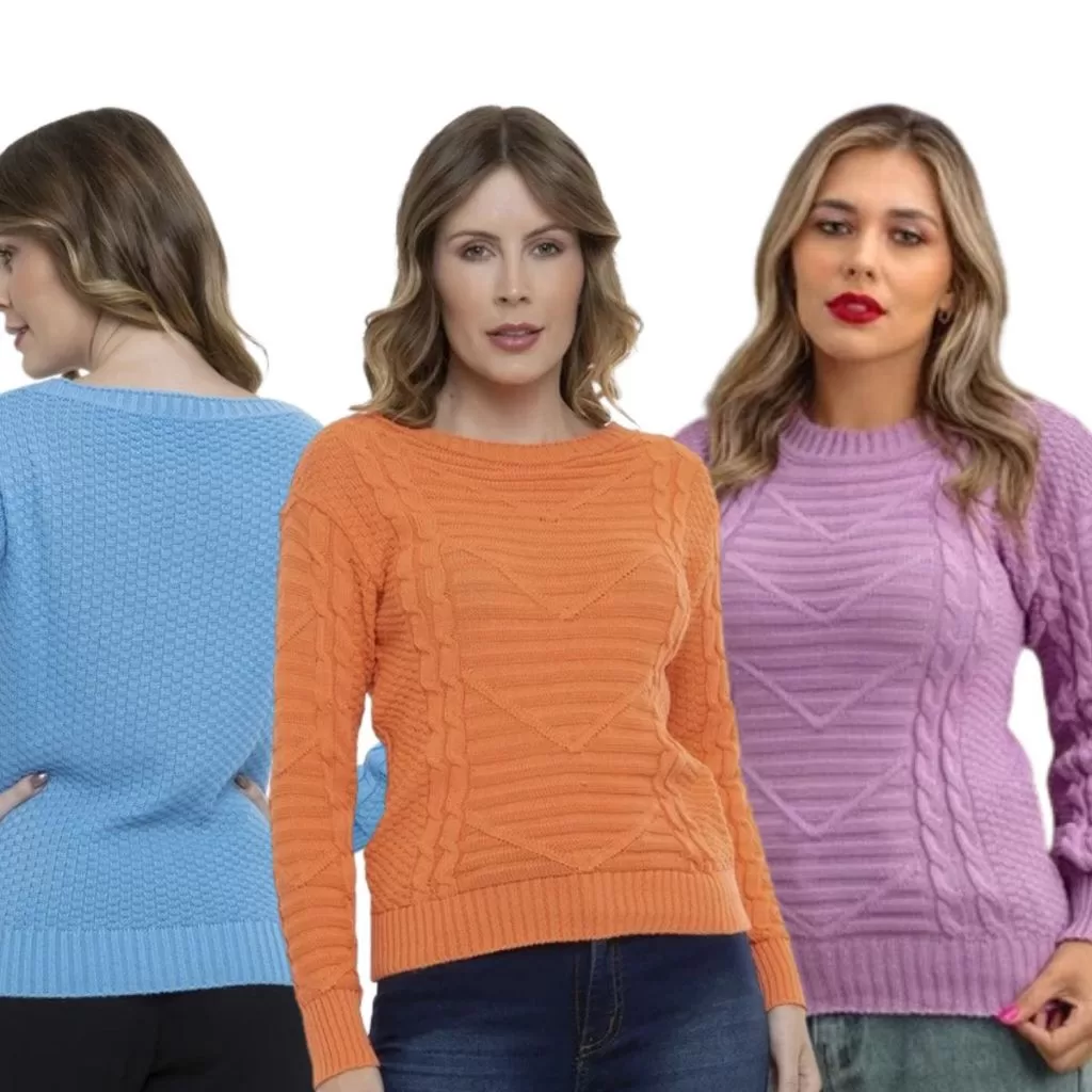 Blusa de Frio de Tricô Femina Relevo Trançada Manga Longa Básico Casual