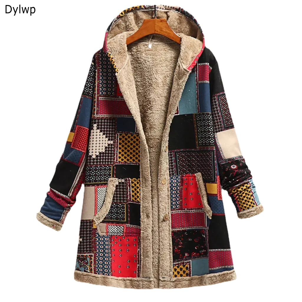 Casaco Feminino De Manga Comprida Bolso Quente Outono Inverno Vintage Estampa Grossa Lã Com Capuz So