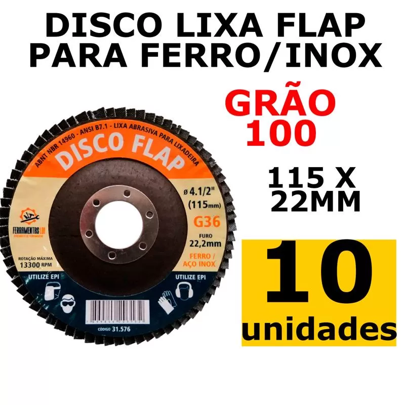 Kit C/ 10 Unidades Lixa Flap Disc Ferro/Aço Inox 115x22mm Grão 100 LDI