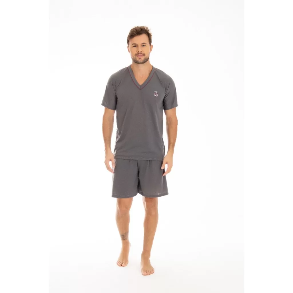 Pijama Masculino Manga Curta e Short Verão Malha Liso
