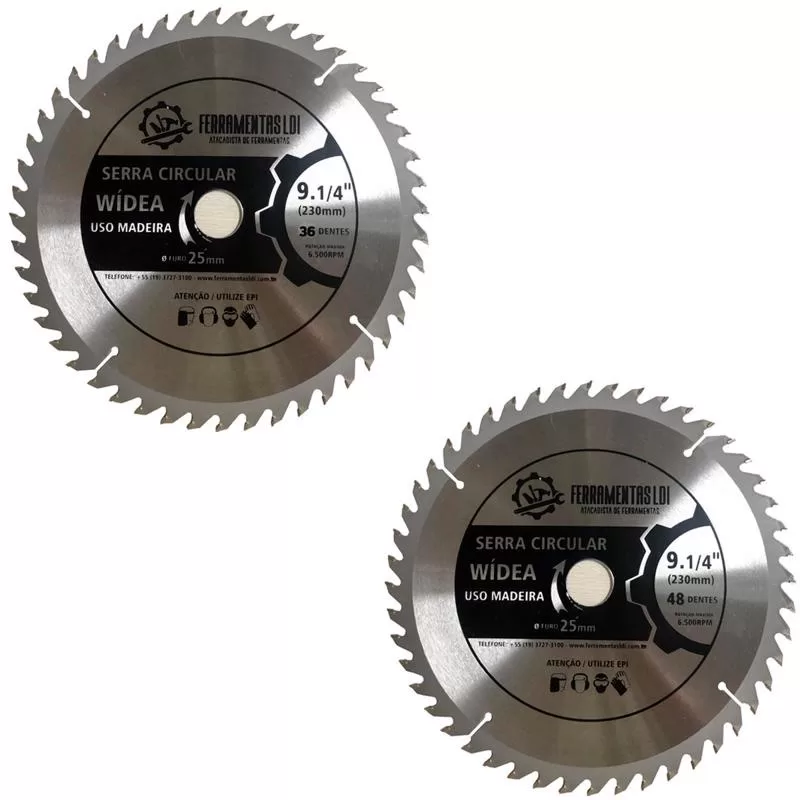 Kit 1 Disco Serra Circular 36 Dentes + 1 Disco Serra 48 Dentes 230mm Furo 25 Widea LDI