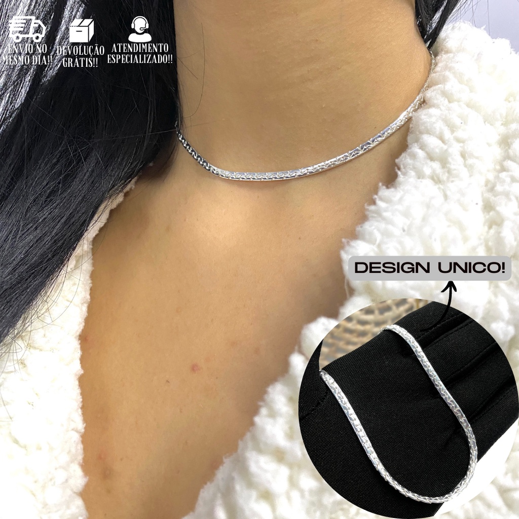 Colar Prata Feminina Choker Laminada Delicada 35cm Elegante Banhada a Prata 925