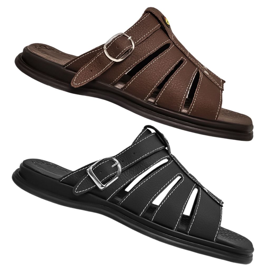 Sandália Chinelo Masculino de Couro Legitimo Ortopédico Anti Stress Envio Imediato