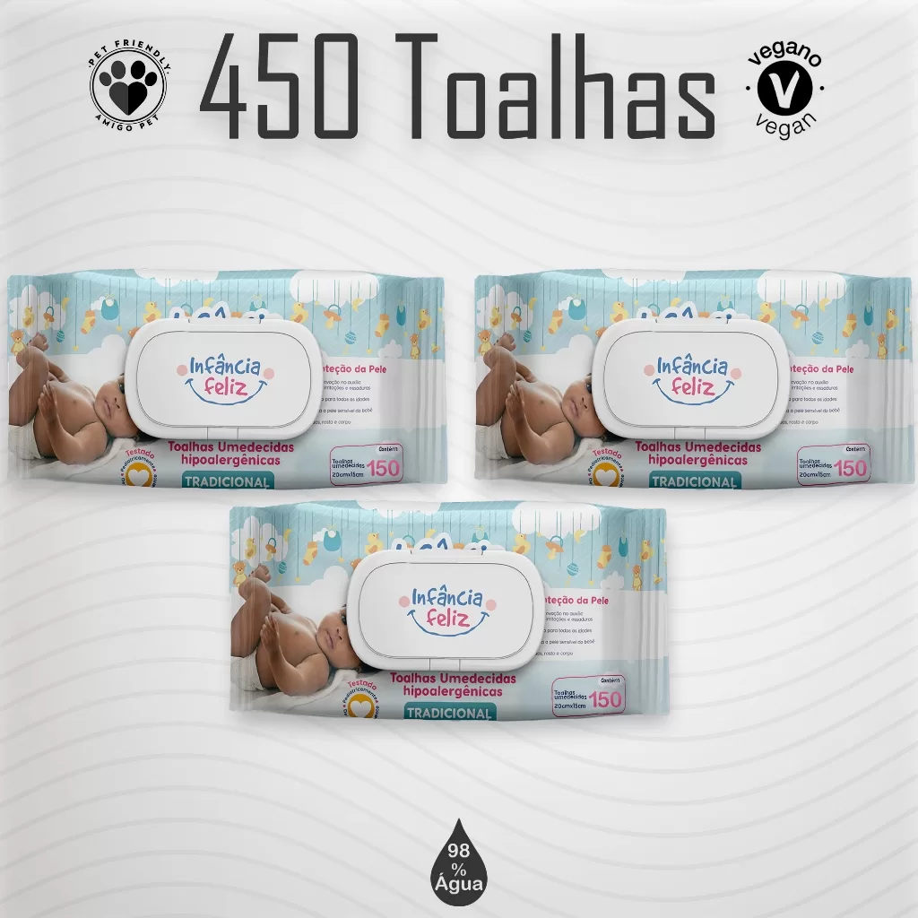 Kit 3 Toalhas Umedecidas Infância Feliz 150 Folhas 98% Água com Tampa Lenço Umedecido