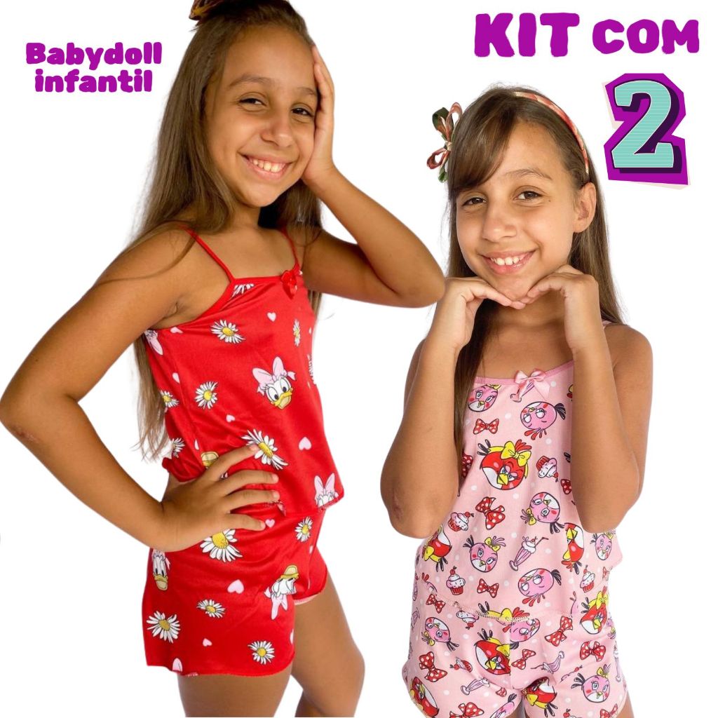KIT com 2 Pijamas INFANTIL Estampado Baby Doll para Criança Beibidoll Bebidoll Shortdoll para Menina