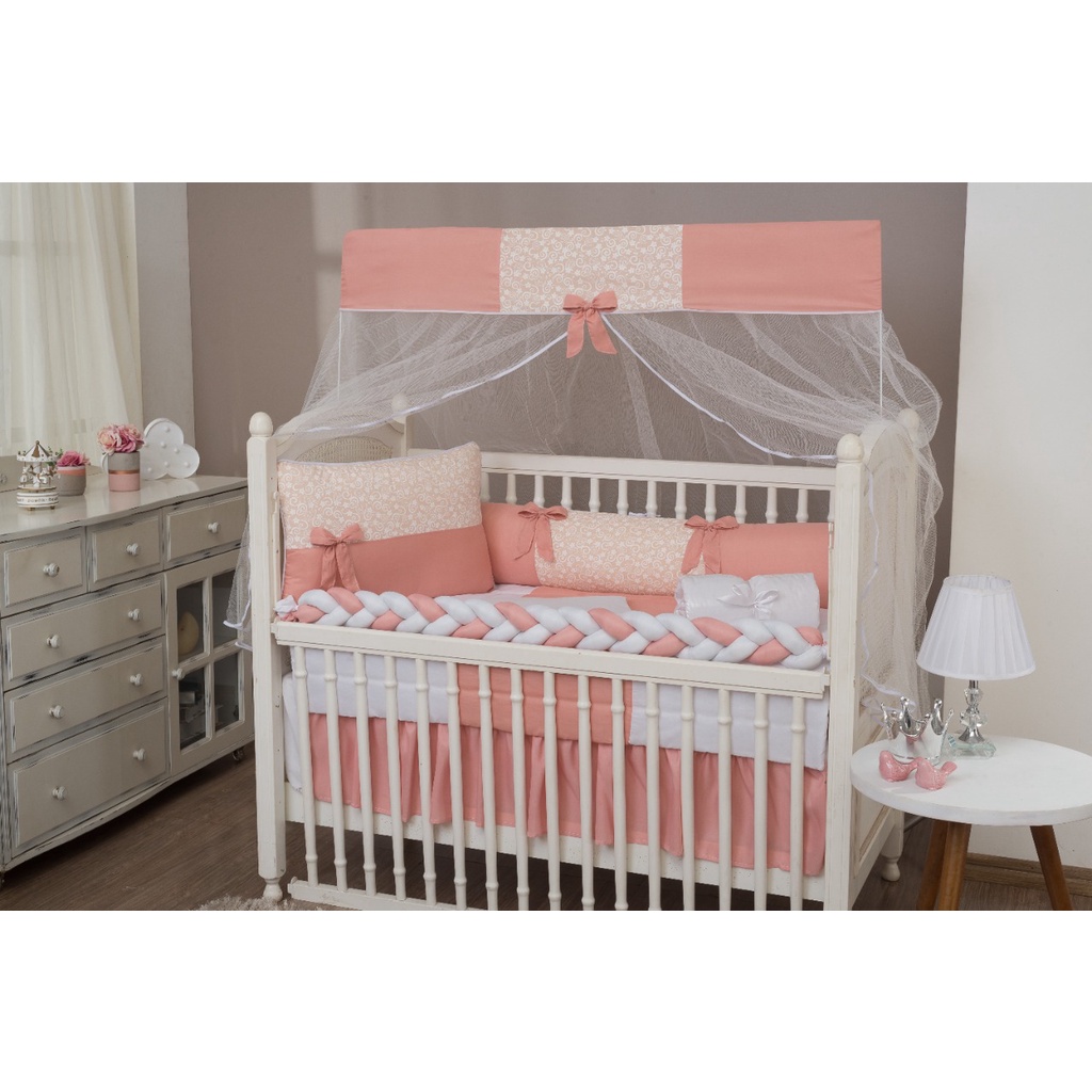 Kit protetor de berço  c/ Trança 9 peças + Saia de berco – Doce Salmão