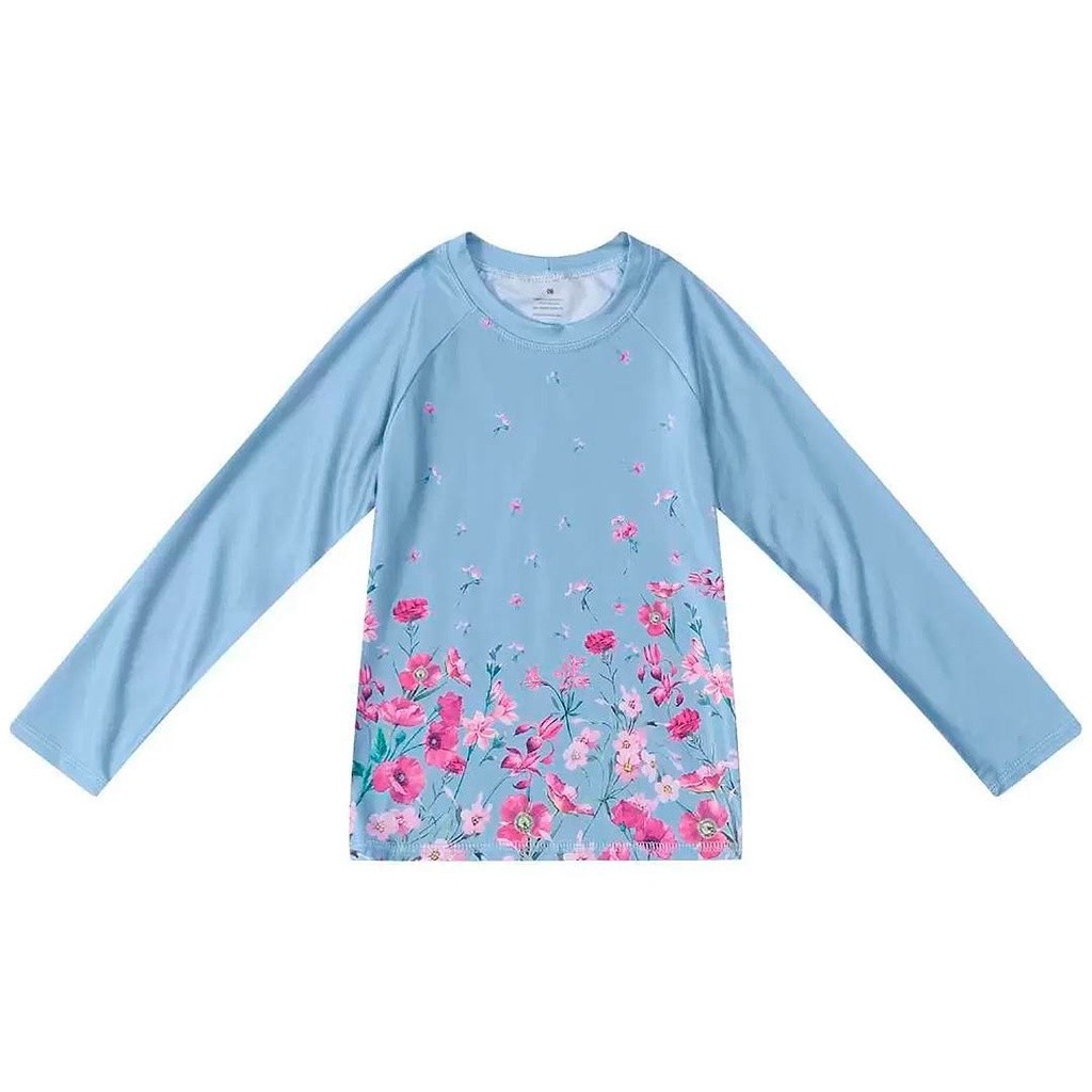 Blusa Infantil Manga Longa com proteção UV Feminina Azul Flores Carinhoso Presente de Natal