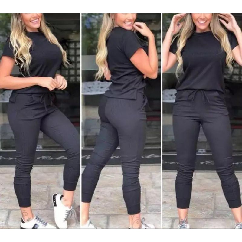 Conjunto jogger canelado blusa com fendas laterais