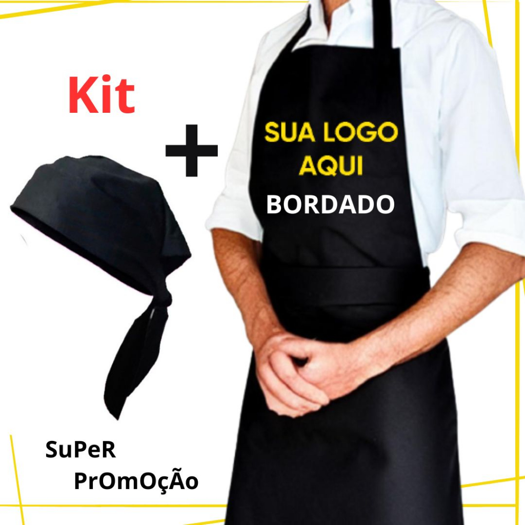 Kit Avental Bordado Personalizado Chef Bar Restaurante Barbeiro Cozinheiro Cabeleleira
