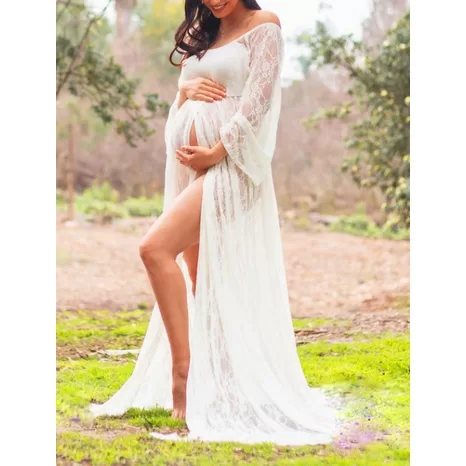Vestido ensaio gestante longo  branco renda Lança