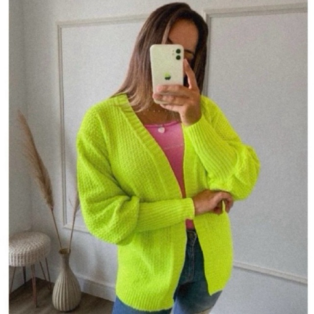 Casaco Tricot Cardigan Manga Bufante Aberto Alonga