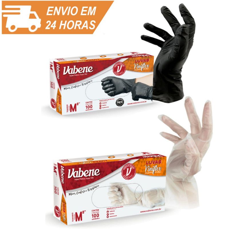 Kit 3 Caixas de Luvas Descartável Viniflex Preta ou Trasparente Vabene Sem Pó Tam. P M G 100 UN CADA