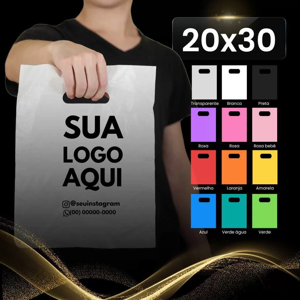 Sacolas Plásticas 20×30 Personalizadas Com Logo p/ lojas Alça Vazada/Boca de Palhaço 100/250UN