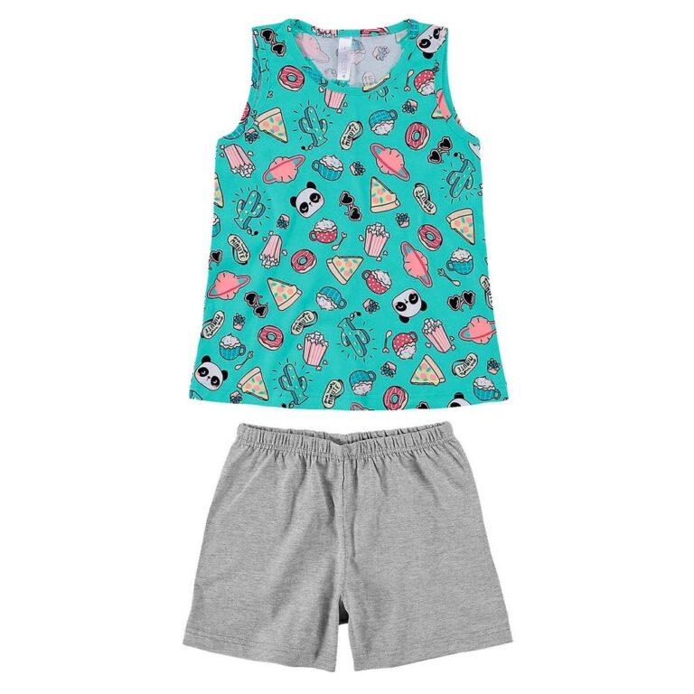 Pijama Infantil Menina Regata Verde Estampada em A