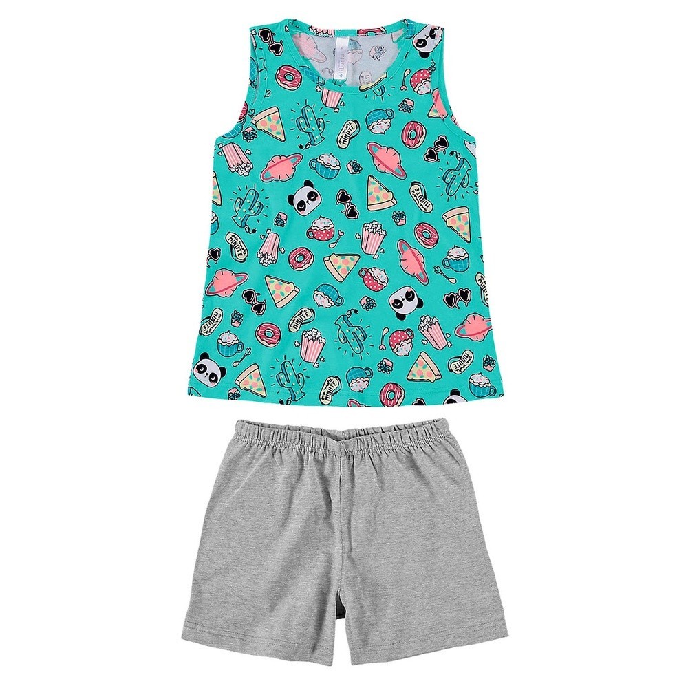 Pijama Infantil Menina Regata Verde Estampada Algodão Verão Malwee Tamanho 6