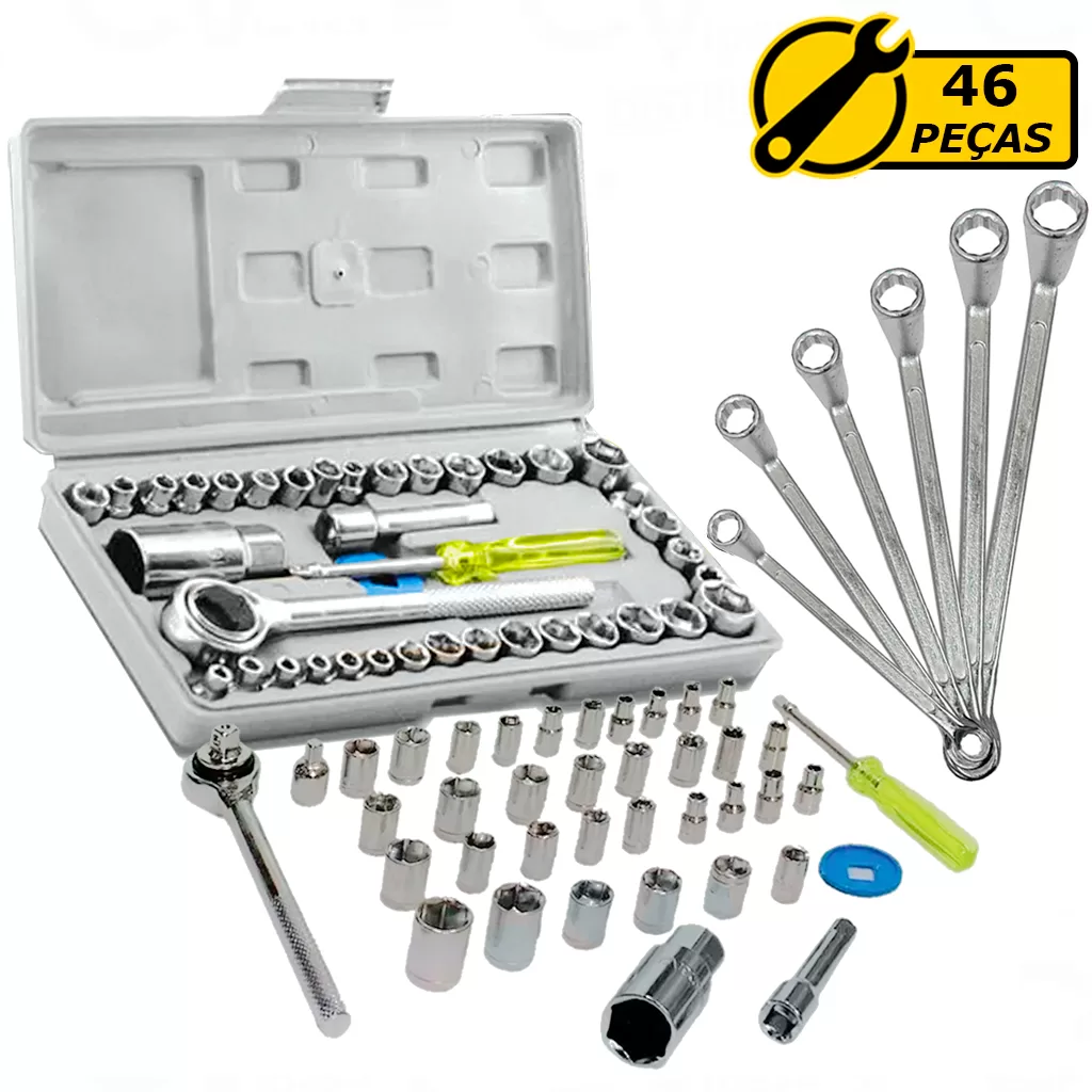 Kit Jogo De Ferramenta 46 Peças Soquetes Canhão Chave Catraca Reversível Boca Estrela Várias Medidas