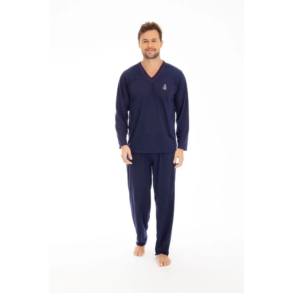 Pijama Masculino Inverno Blusa Manga Comprida Gola V e Calça Comprida de Homem em Malha