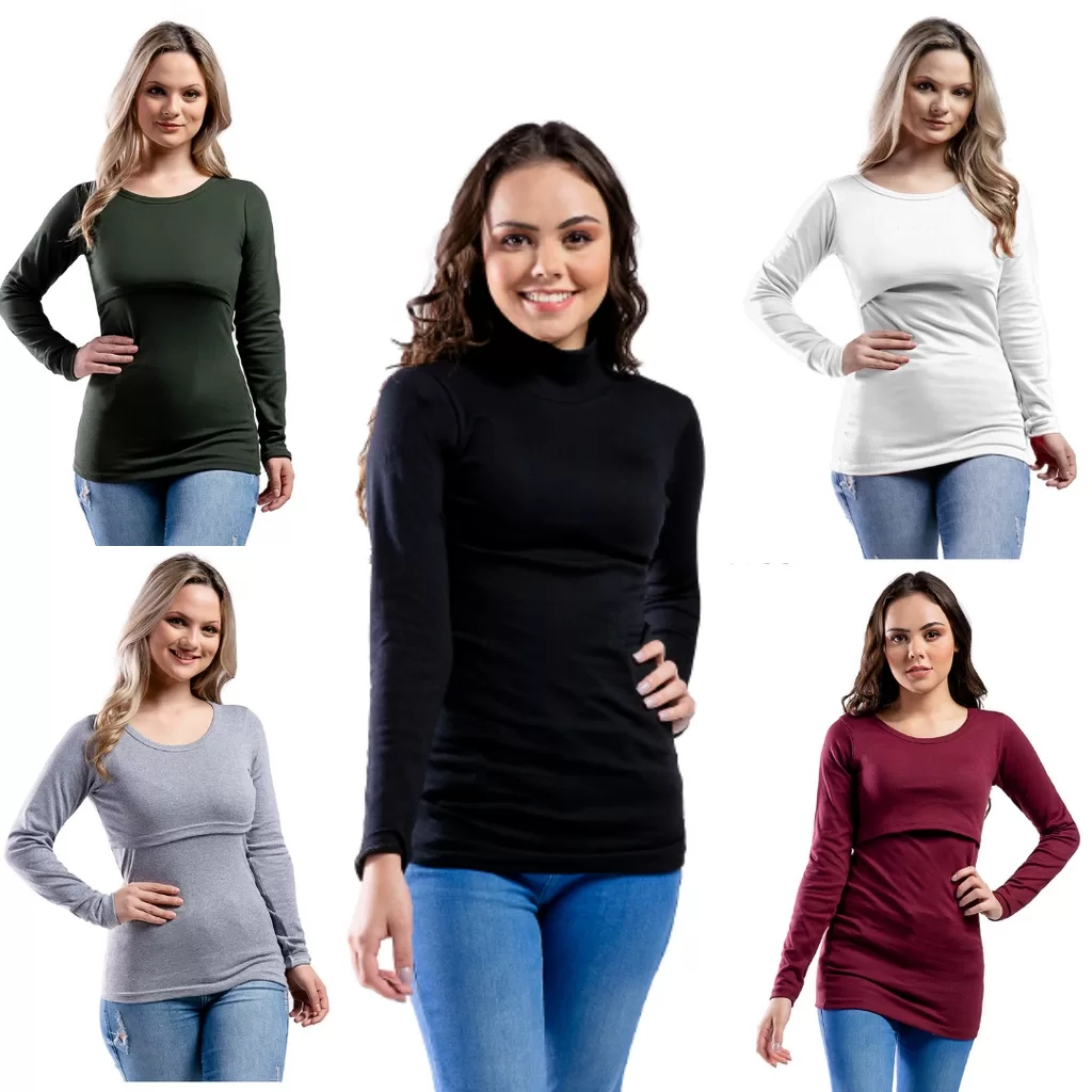 Kit 5 Blusas Amamentação Manga Longa Segunda Pele Amamentação Inverno Frio