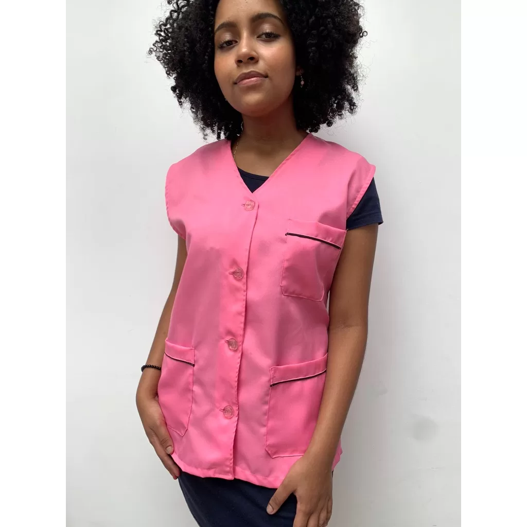 Avental Professora Rosa Viés preto Jaleco Sem Manga  Manicure Cabeleireiro