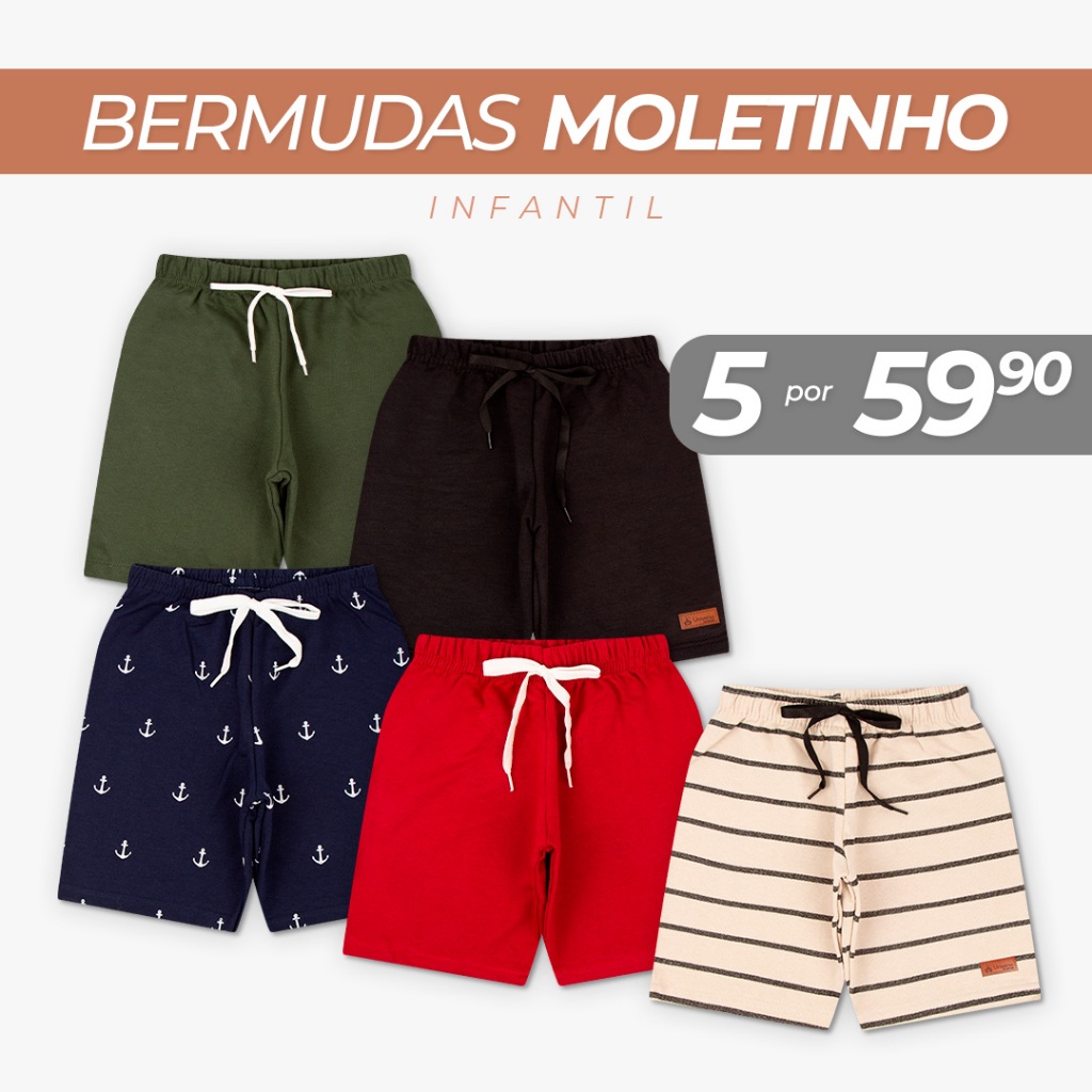 Kit Sortido 2 ou 5 Bermuda 100% algodão Infantil Menino 1 ao 10 Bermudas infantil menino bebe 100% A