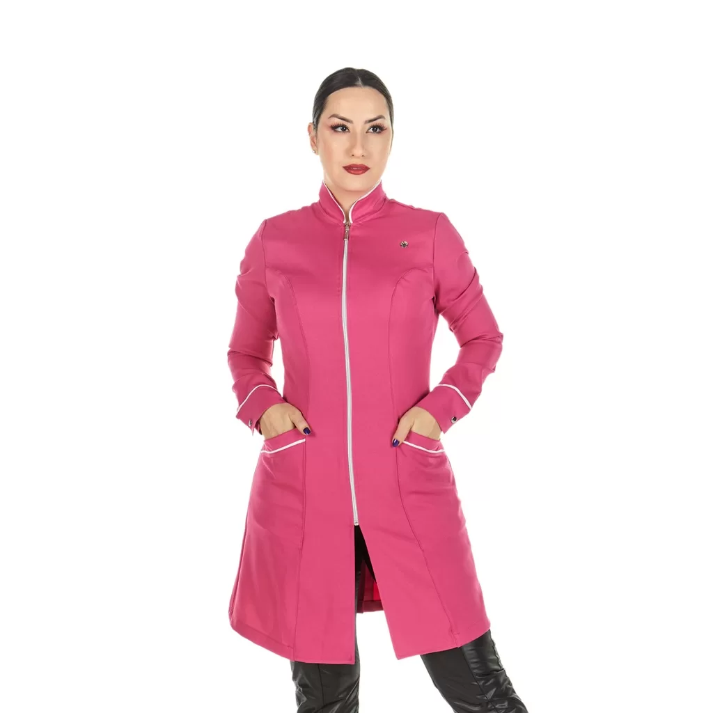 Jaleco Feminino Gola Padre Zíper Manga Longa Acinturado Pink Esteticista Salão de Beleza Profissiona