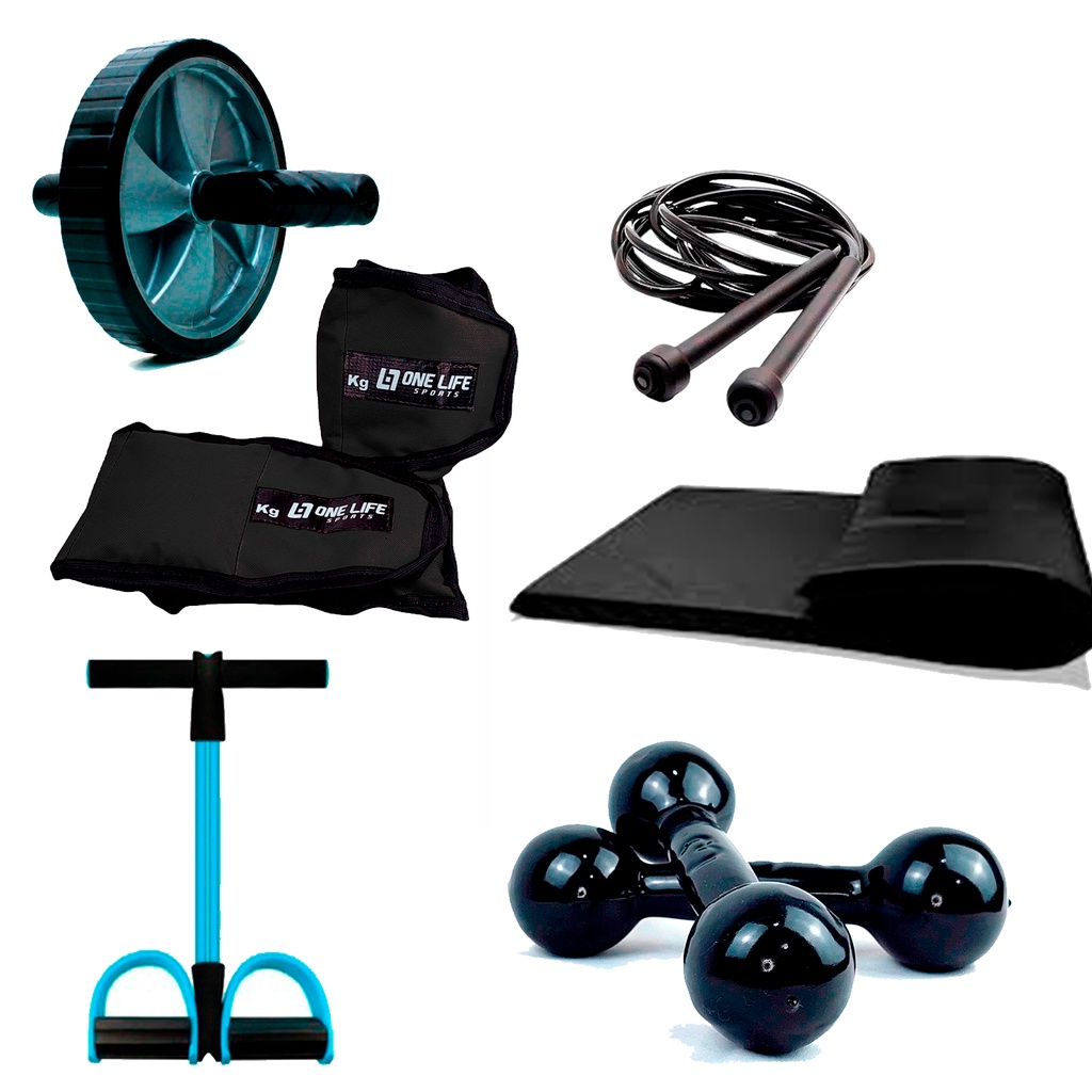 Kit Exercícios Casa One Life Sports® Colchonete Caneleira 3kg Halter 1kg Roda Extensor Corda