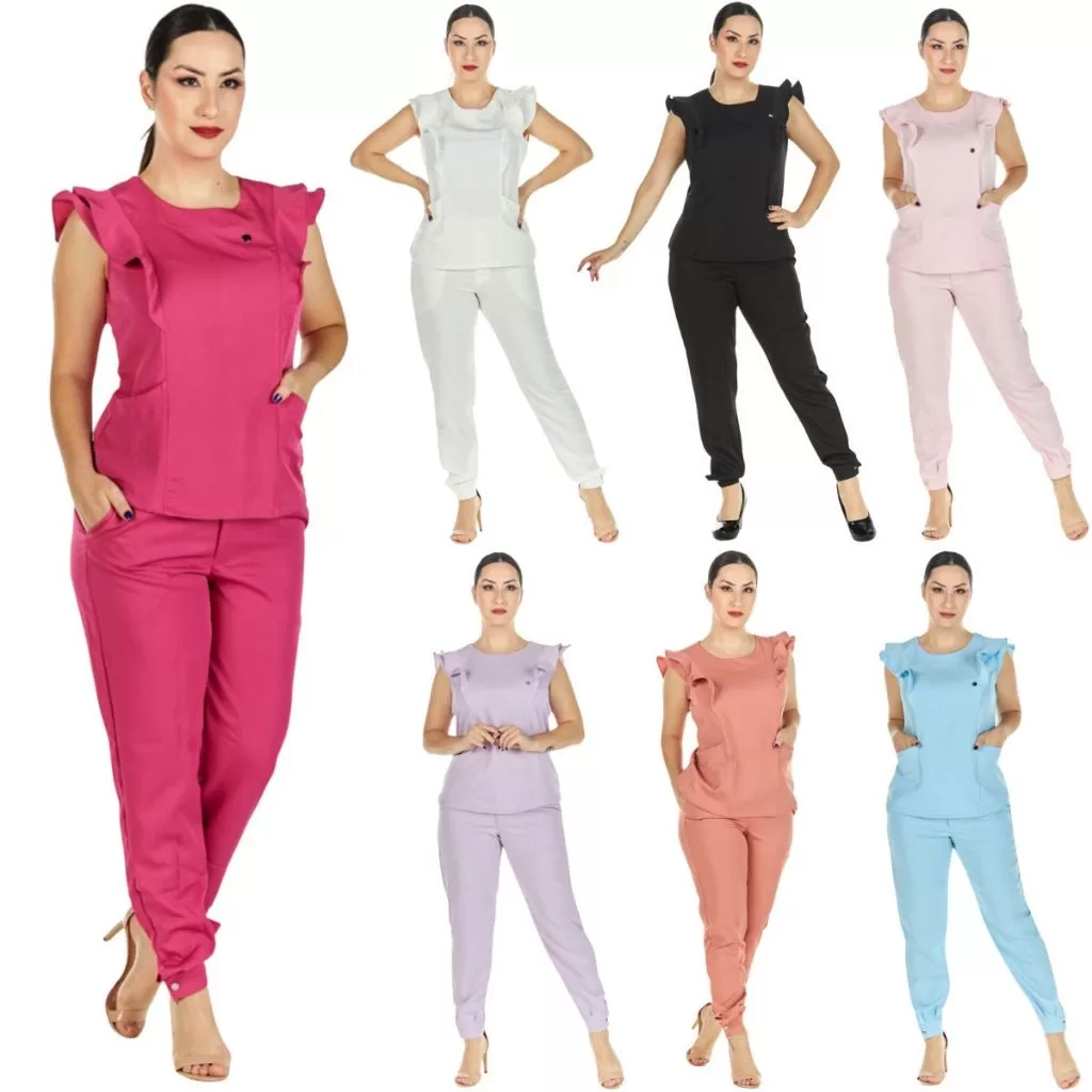 Conjunto Scrub Feminino Babados Várias Cores Esteticista Secretária Consultório Casual Assistente