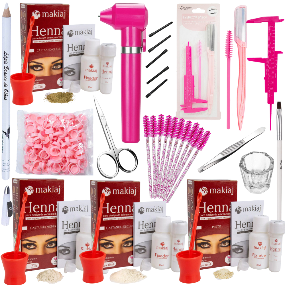 Kit Design de Sobrancelhas Profissional Completo Henna Mixer Paquimetro Molde Tesoura Escovinha Anel