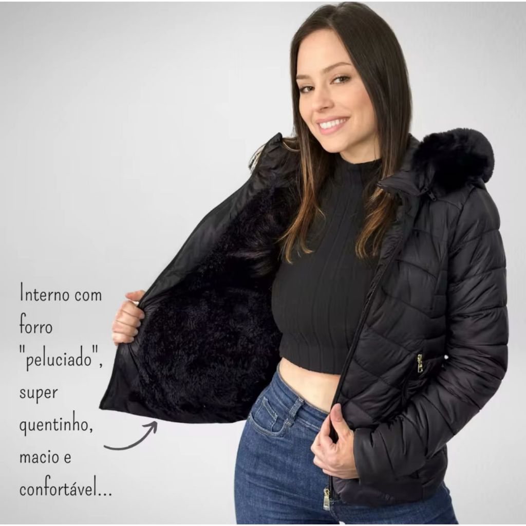 Jaqueta Puffer Forrada Apeluciada com Capuz Feminina